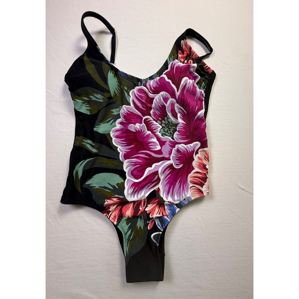 Floral One Piece Swimsuit Black Pink Purple V-Neck Adjustable Straps Padded-2578